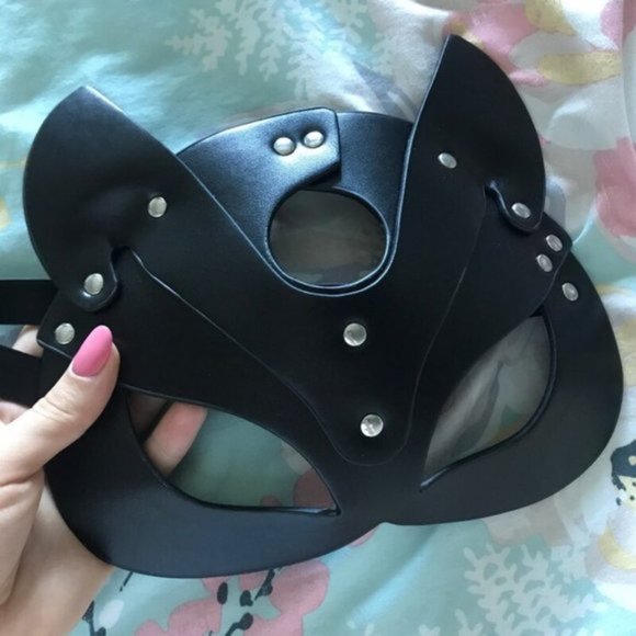 Leather Mask Cat Fox Naughty Fetish Kitty Masquerade Face Black Cosplay Goth New - Picture 9 of 10